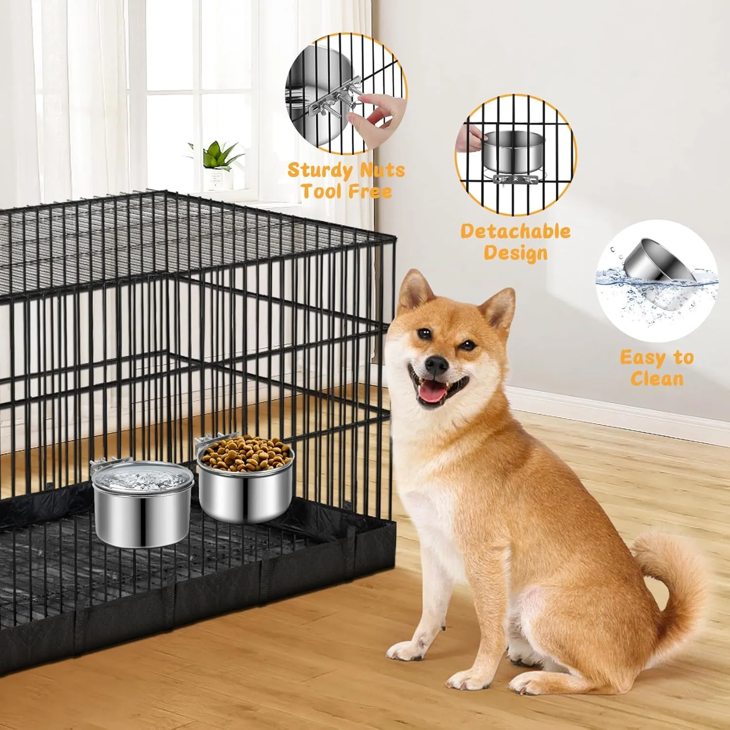 Water Bowl for Dog Crate, ShineMe Stainless Steel Pet Food Bowls for Kennel Cage No Spill, Attachable Dog Crate Bowls Hanging 2 Pack for Medium and Small Sized Dogs (5.5 * 2.9 & 4.9 * 3.3)