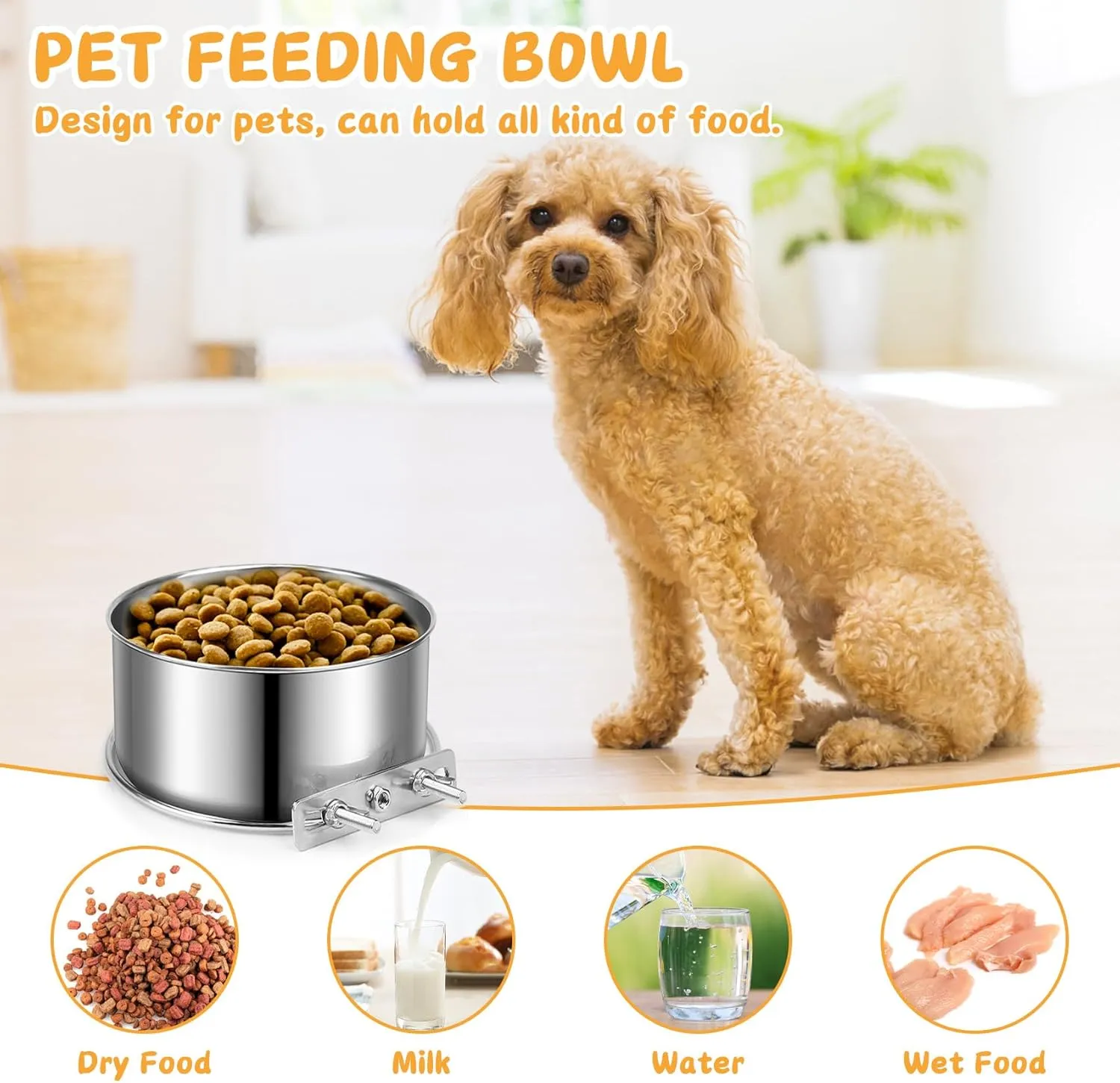 Water Bowl for Dog Crate, ShineMe Stainless Steel Pet Food Bowls for Kennel Cage No Spill, Attachable Dog Crate Bowls Hanging 2 Pack for Medium and Small Sized Dogs (5.5 * 2.9 & 4.9 * 3.3)