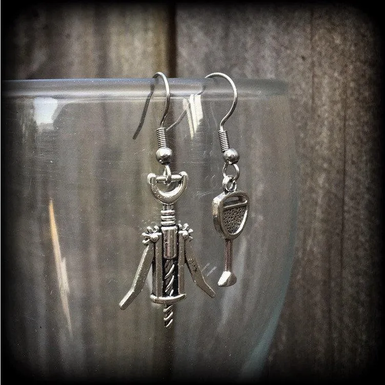 Wine earrings Wine glass earrings Corkscrew earrings Alcohol earrings Dangle earrings Wine lovers earrings Kidney hooks Leverback hook Grape