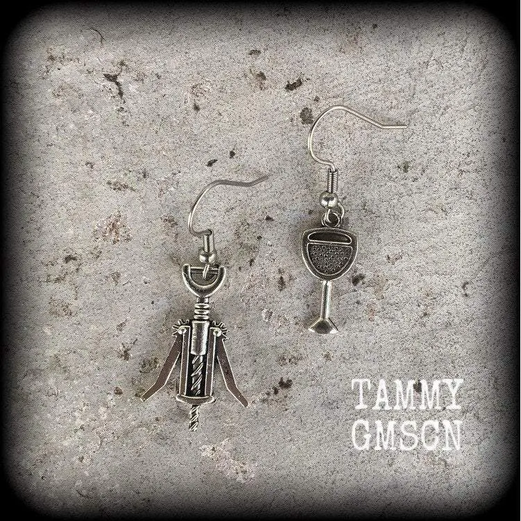 Wine earrings Wine glass earrings Corkscrew earrings Alcohol earrings Dangle earrings Wine lovers earrings Kidney hooks Leverback hook Grape