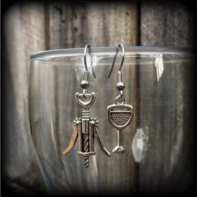 Wine earrings Wine glass earrings Corkscrew earrings Alcohol earrings Dangle earrings Wine lovers earrings Kidney hooks Leverback hook Grape