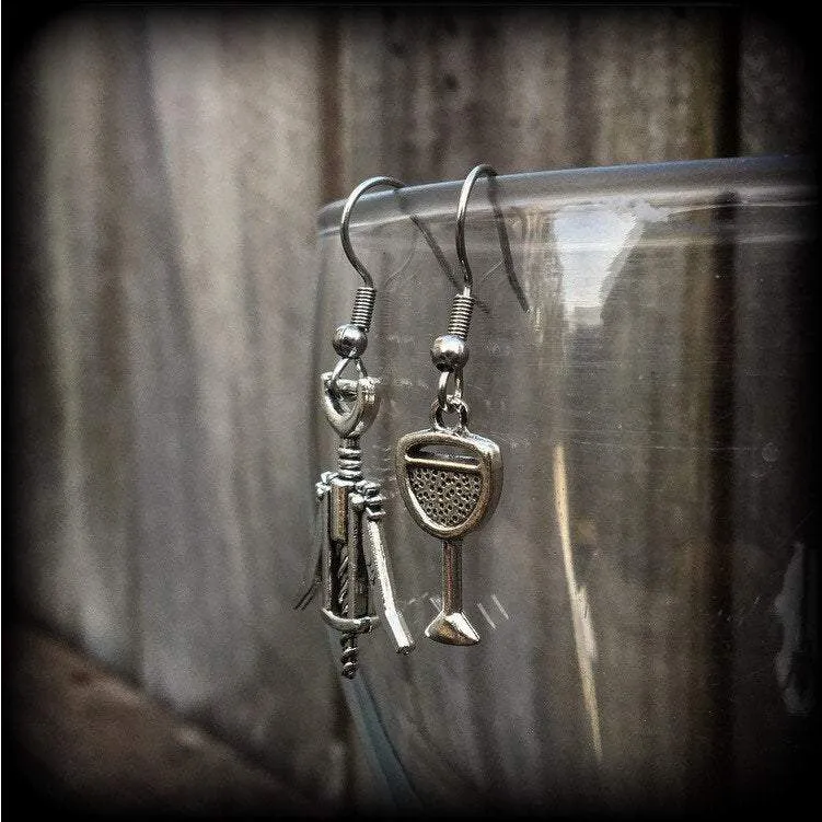 Wine earrings Wine glass earrings Corkscrew earrings Alcohol earrings Dangle earrings Wine lovers earrings Kidney hooks Leverback hook Grape