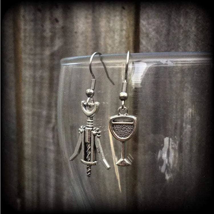 Wine earrings Wine glass earrings Corkscrew earrings Alcohol earrings Dangle earrings Wine lovers earrings Kidney hooks Leverback hook Grape