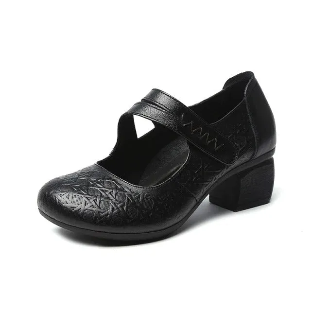 Women Medium Heel Shoes With Velcro Strap