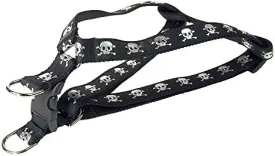 XSmall Black Reflective Skull Dog Harness: 1/2" Wide, Adjusts 8-16" - Made in USA.