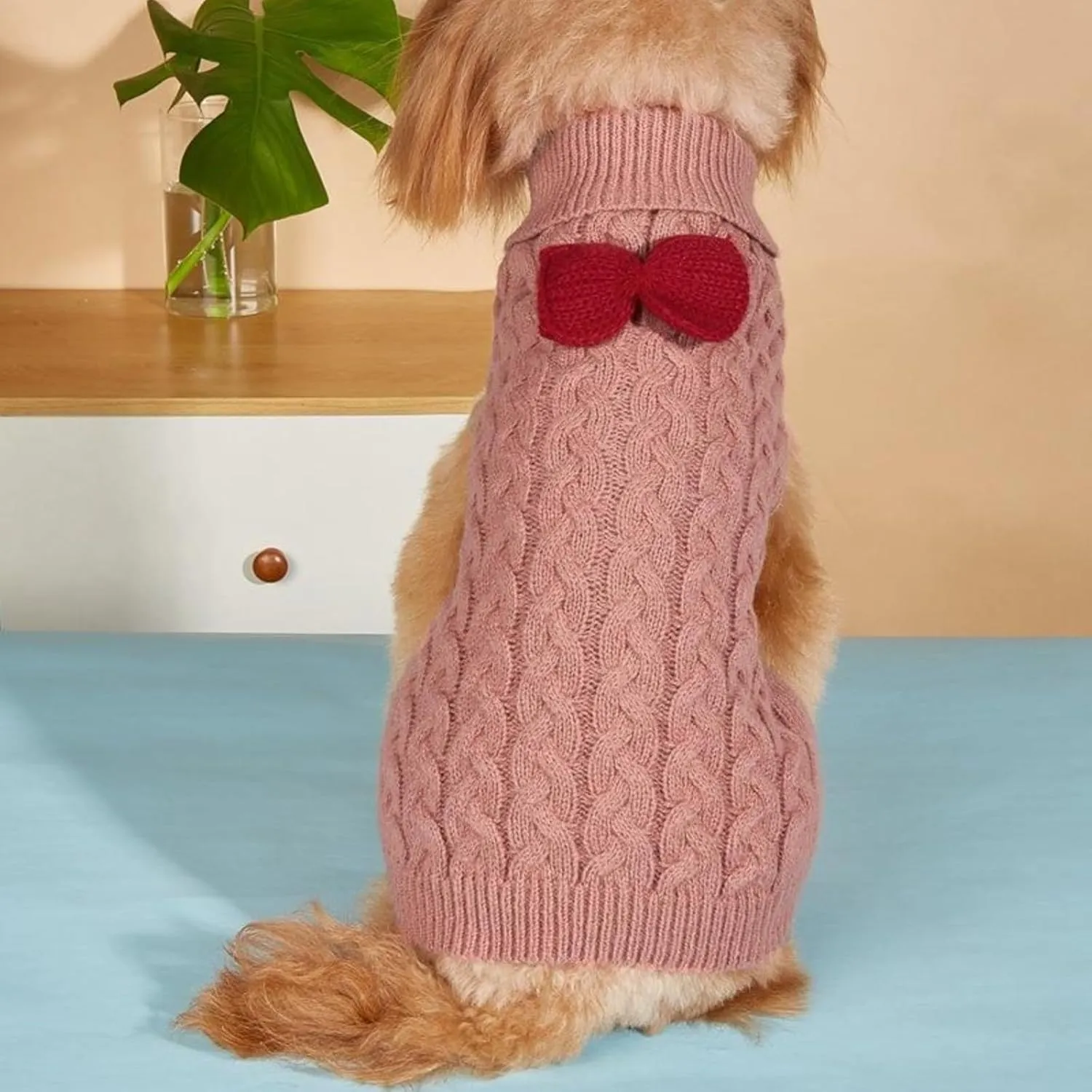 Yanmucy Dog Turtleneck Sweater Bow Knitting Dog Jumper Warm Dog Winter Clothes Pullover Knitwear Crochet Dog Coat Christmas Costume for Small Medium Large Dogs Cats (Medium, Nude Pink)
